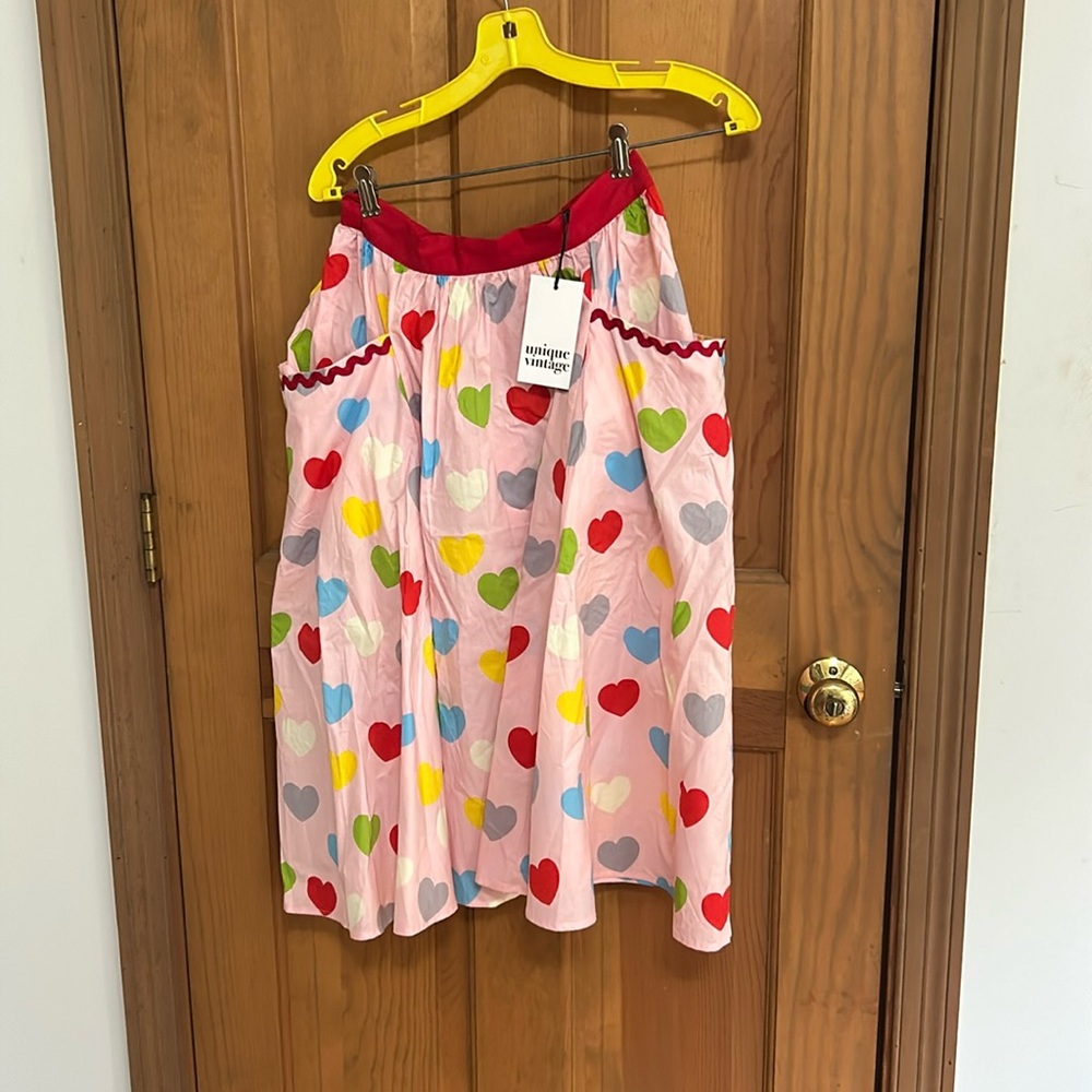 Unique Vintage Pink Midi Skirt with Multicolor Heart Print